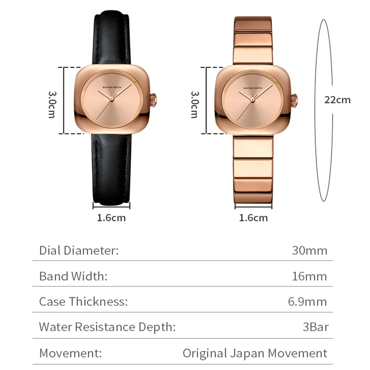 HANNAH MARTIN Women Watch Quartz 30mm Square Elliptical Stainless Steel Clock Japanese Movement Waterproof Simple Couple Watches view 3