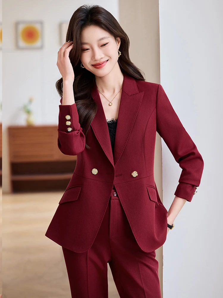 

Wine Red Workwear Suit Set Women's High-End Two-Piece Set Profional Commute Spring Autumn Beau Salon Formal Outfit