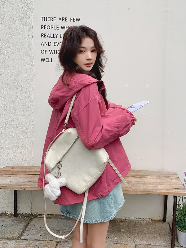 Roze Jaet-jas met capuchon voor dames, outdoor, casual, losse pasvorm, lange mouwen, ritssluiting, pure kleur, lente, herfst, nieuwe collectie