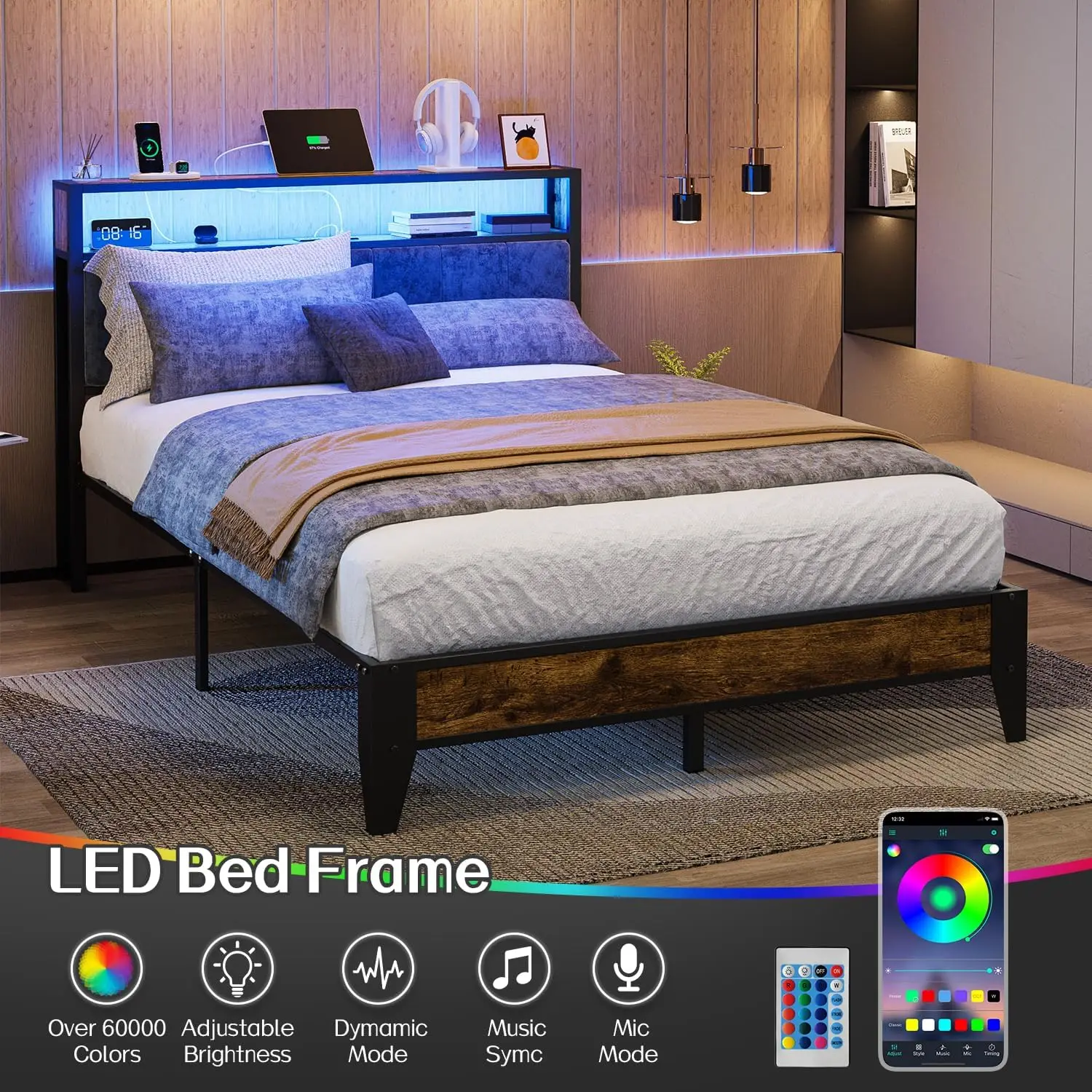 โครงเตียงเต็มพร้อมหัวเตียง เตียงแพลตฟอร์มโลหะ ขนาดเต็มพร้อมที่เก็บของ 2 ชั้น ไฟ LED และแท่นชาร์จ Type C