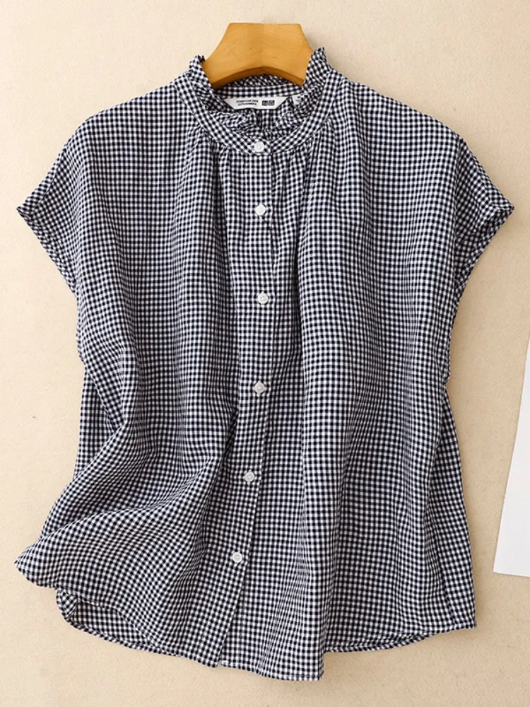 

Blue Plaid Large Size Pure Cotton Women's irt Summer Anti-Aging Slimming Fly Sve Casual irt Thin Le Collar