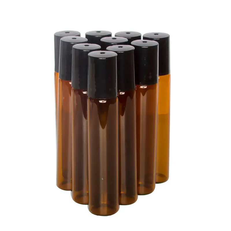 50 قطعة 10 مللي لفة زجاجية كهرمانية على زجاجة مع كرة زجاجية ومعدنية قوارير زيت عطري رفيعة باللون البني