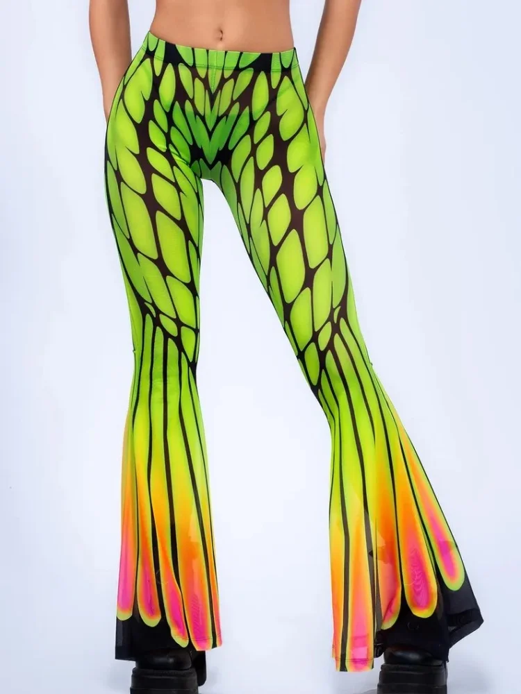Retro Psychedelische Regenbogen-Leoparden-Schmetterlings-Flammen-Mesh-Druck Schlaghose mit hoher Taille, schmale Passform, Strick-Bell-Bottom-Hose – Detail 4