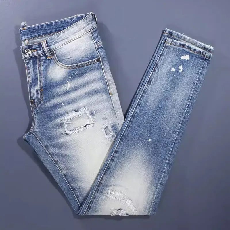 Men Light Blue Gradient Bleached Wash Distressed Circle Print Abrasion Stretch Skinny Denim Jeans Hip Hop Streetwear Denim Jeans