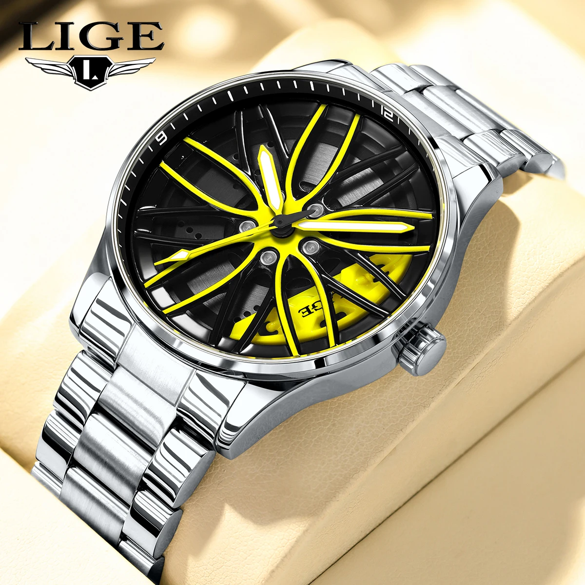 

LIGE Fashion 360° ° Кварцевые часы с вращающимся циферблатом для мужчин, спортивный обод автомобиля, ступица колеса, водонепроницаемые светящиеся мужские наручные часы из нержавеющей стали