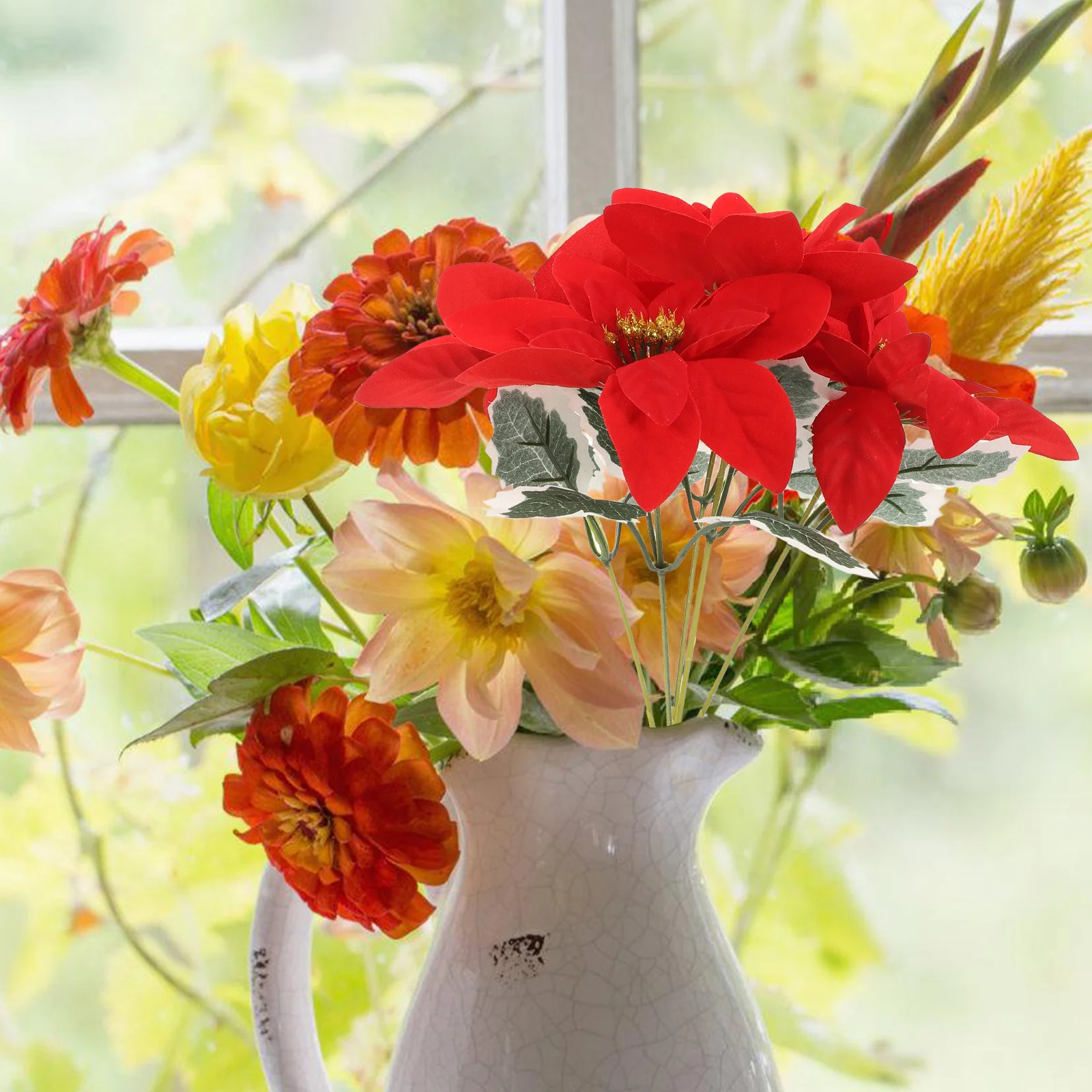 

4Pcs Artificial Poinsettia Flower Stems Realistic Red Faux Flowers for Holiday Decor Indoor Table Centerpiece Winter Celebration