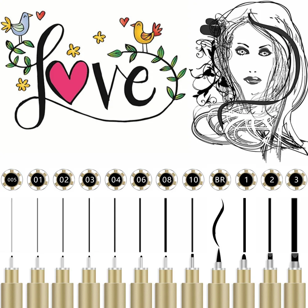 หลายขนาด Hook Line เข็มปากกากันน้ํา Art Sketching Line Drawing สีดําแปรงภาพวาดออกแบบอุปกรณ์โรงเรียน