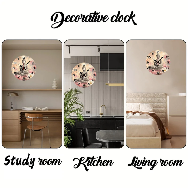 Serene Buddha Wooden Round Silent Hanging Wall Clock, Suitable For Living Room, Office, Study Room, Bedroom, Home Decoration view 5