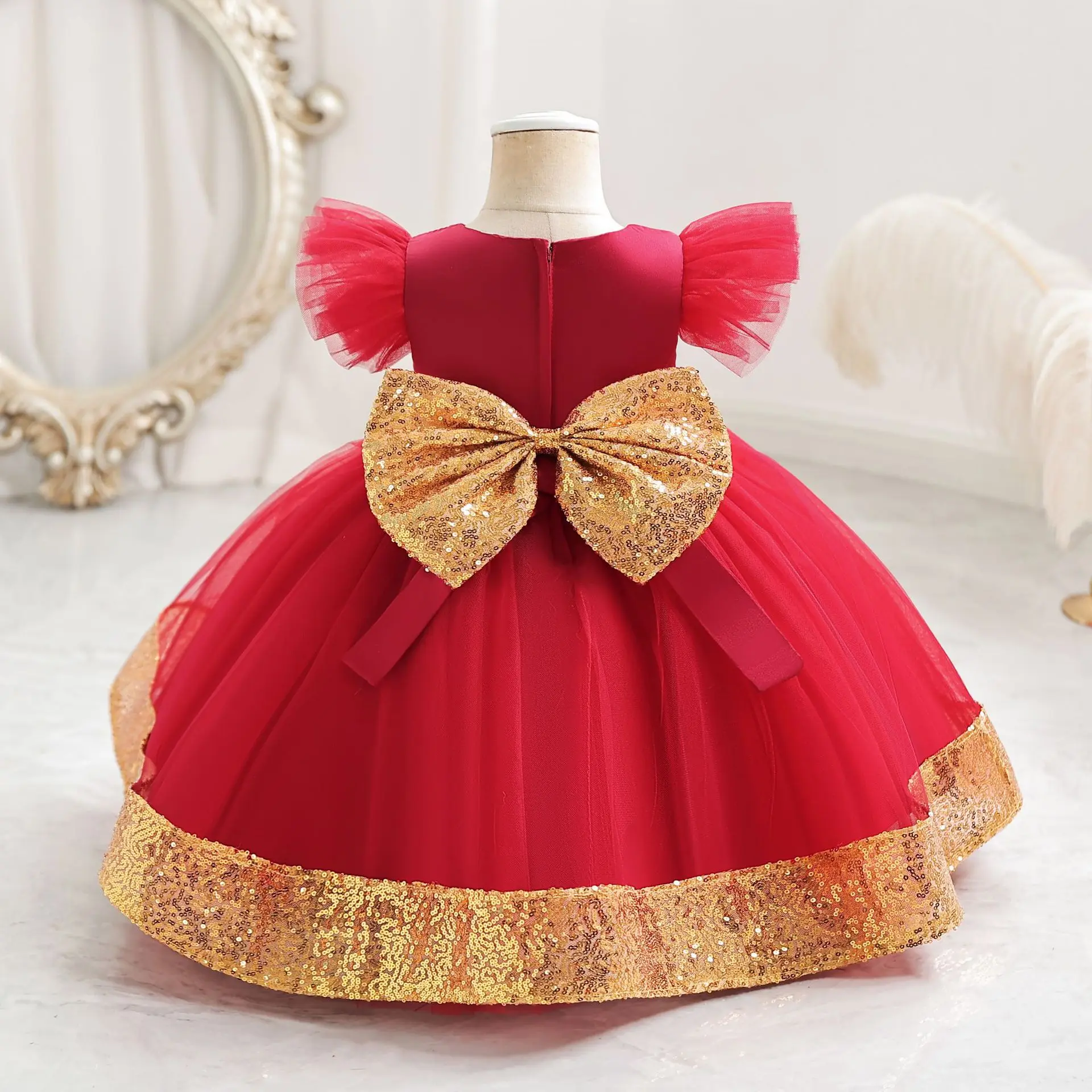 Red Christmas Girl Dresses Puffy Princess Birthday Casual Clothes for Baby Girl Sequins Bow Hem Infant Dress Gown 0-4 Years