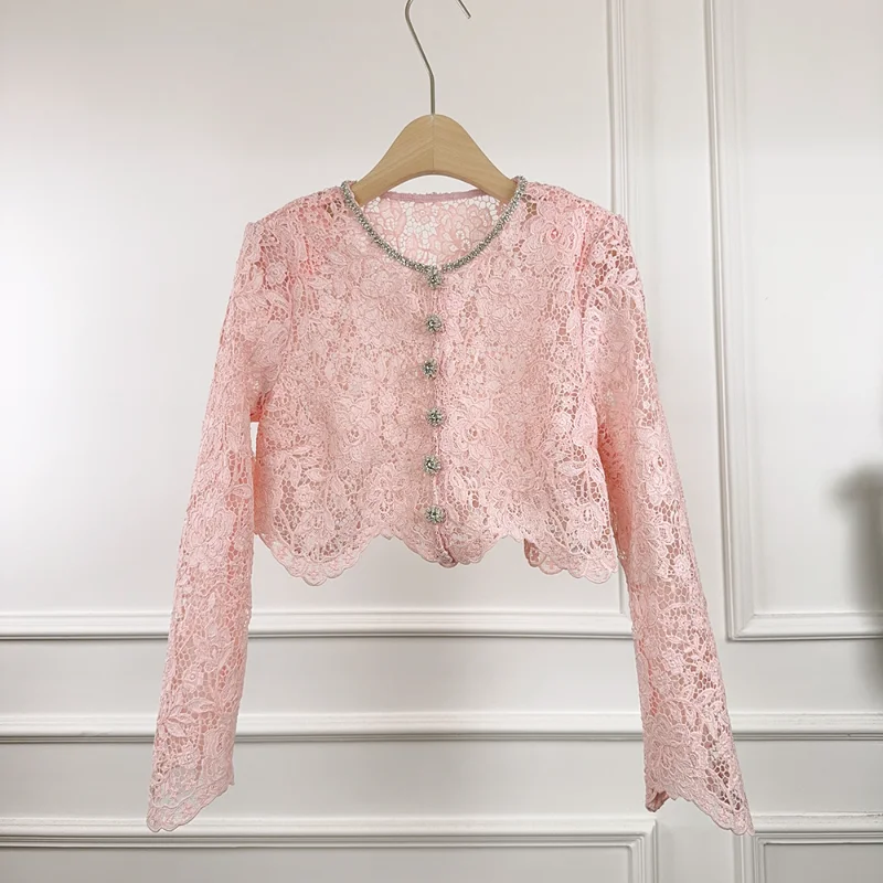 

Женская розовая кружевная куртка с воротником-стойкой и длинными рукавами, модная простая белая французская женская куртка с кружевом и стразами, высококачественное кружевное пальто
