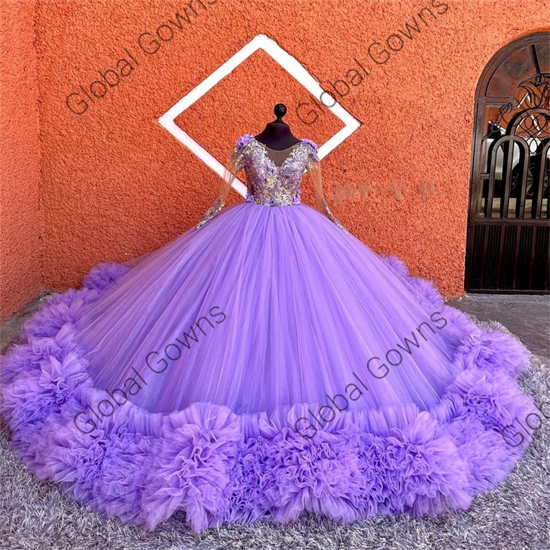 Gaun Quinceanera Sayang Ungu Gaun Bola Manik-manik 3D Bunga Manis 15 Gaun Pesta Ulang Tahun Ruffle