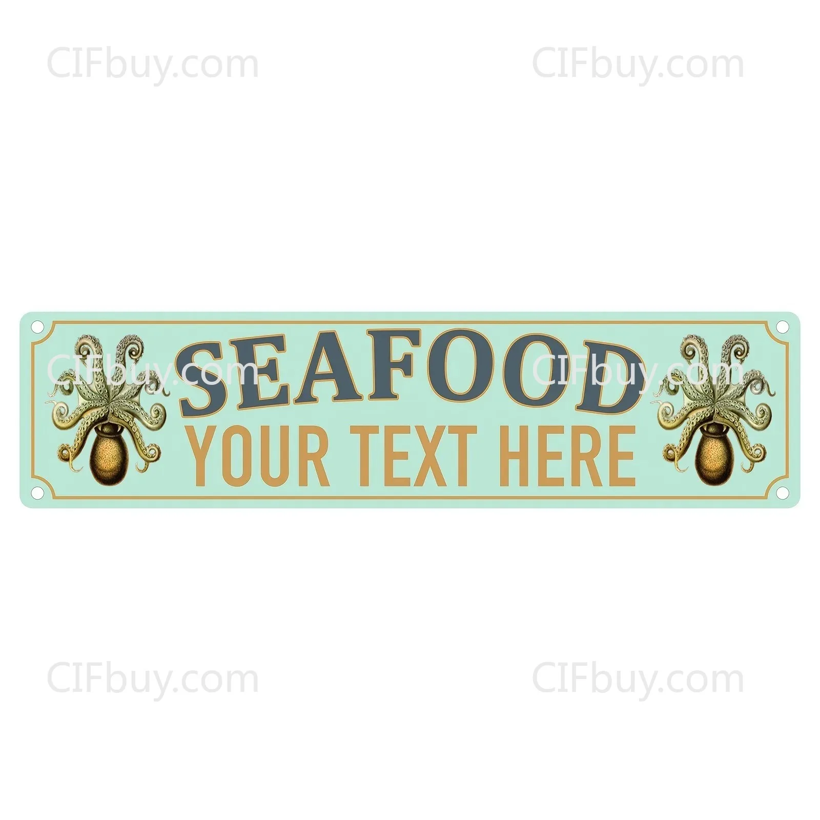 CIFbuy Customizable Vintage Mint Green Metal Plaque, Octopus Seafood Personalized Text Wall Decor for Cafe Restaurant Bar
