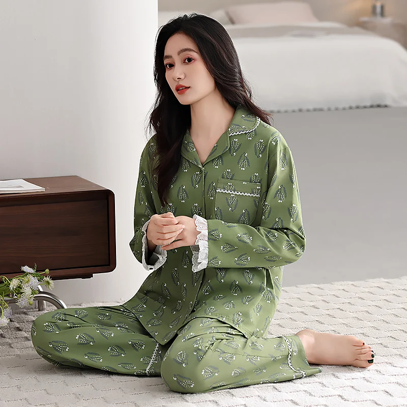 

Spring Autumn Cotton Women Pajamas Set Long Sleeve Turn-down Collar Cardigan Female Homewear Sweet Cute Womens Pyjamas