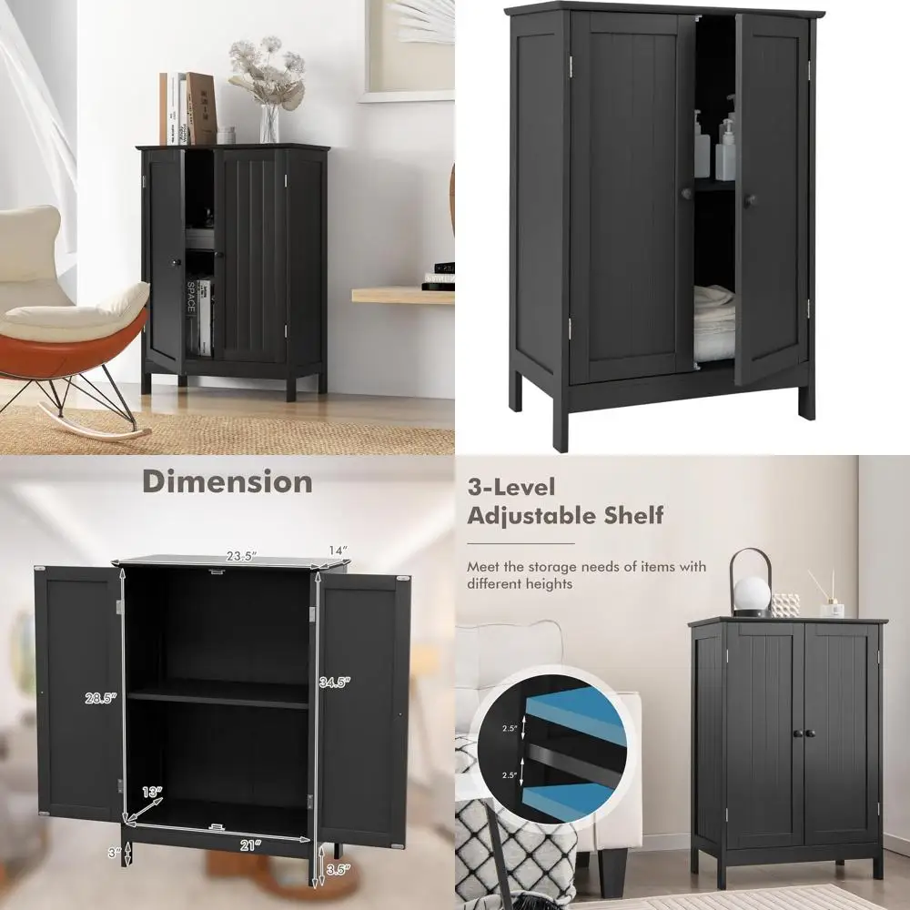 

Freestanding Wooden Bathroom Floor Cabinet with Doors, Adjustable Shelves, Anti-Tipping, Suitable for Home Storage in Black