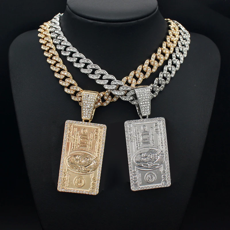 Fashion One Hundred Dollar Bill Pendant Necklace for Men Women Hip Hop Bling Jewelry Rapper Streetwear Chain Necklace