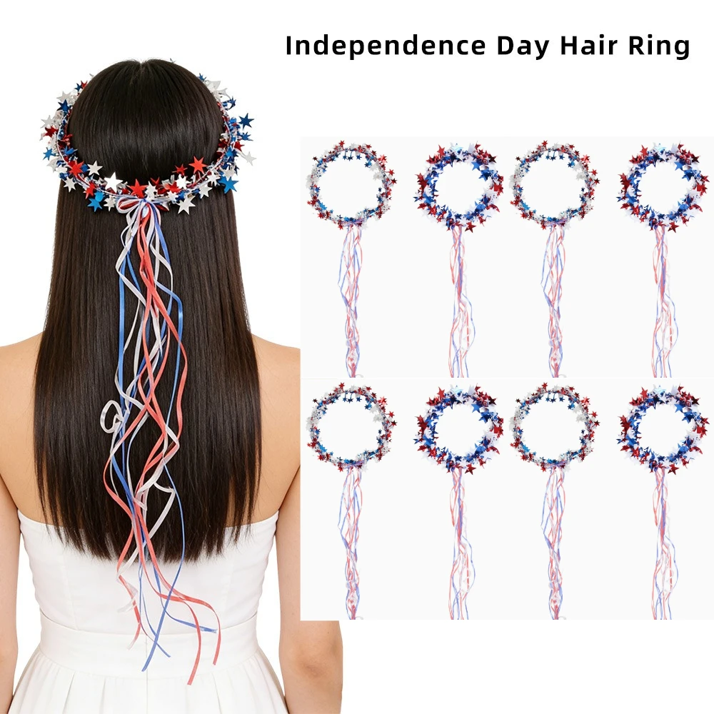 

8pcs Independence Day Decorative Ribbon Wreath Headband 250th Anniversary Patriotic Costume Red White Blue Star Hair Ring