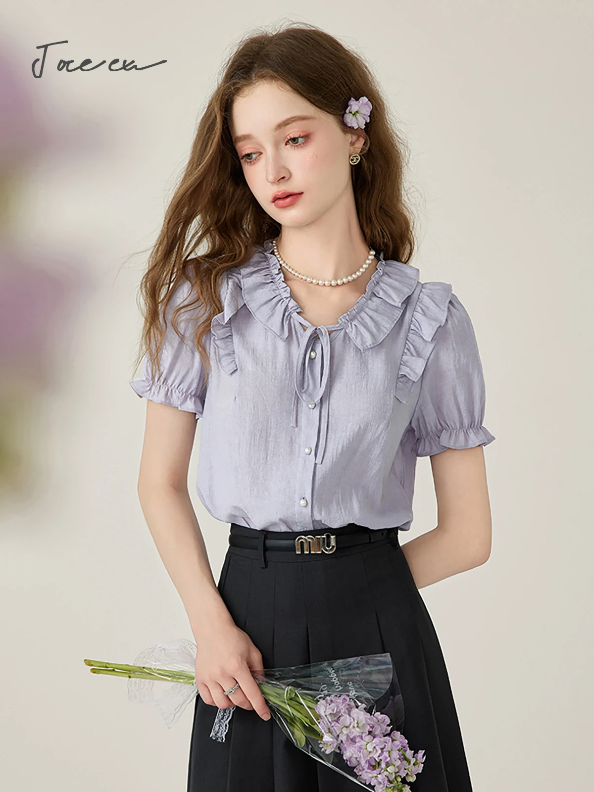 JOREEU Elegant Ruffled Lace-up Shirts & Blouses Woman 2024 Summer New Straight Button Up Short Sleeve Blouse Womens Tops T01510