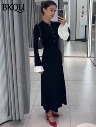 BKQU Elegant Contrast Knitted Dress for Women Slim Fit Lapel Long Sleeved Button Maxi Dresses Fashion 2024 Ladies Party Vestidos