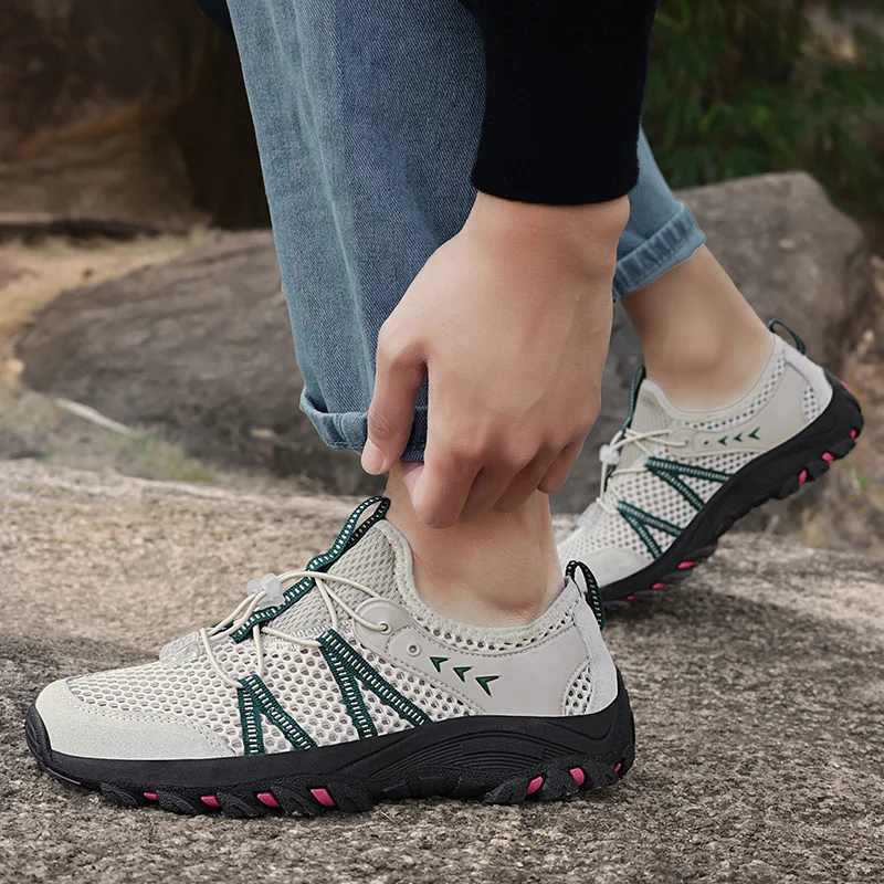 Men Women Breathable Big Mesh Hiking Shoes Elastic Slip On Trekking Sneakers Non Slip Outdoor Walking Mountain Shoes Unisex