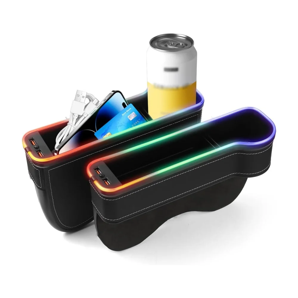 Color Changing LED Car Seat Gap Filler Organizers Console Side Storage Box with Cup Holders USB Chargers
