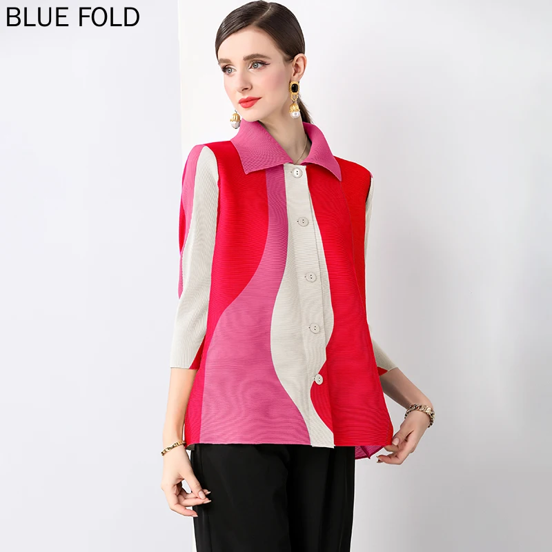 

Miyake Autumn Korean Version Loose Versatile Lapel Single Breasted Long Sleeved Shirt with Design Sense Printed Pleated Top
