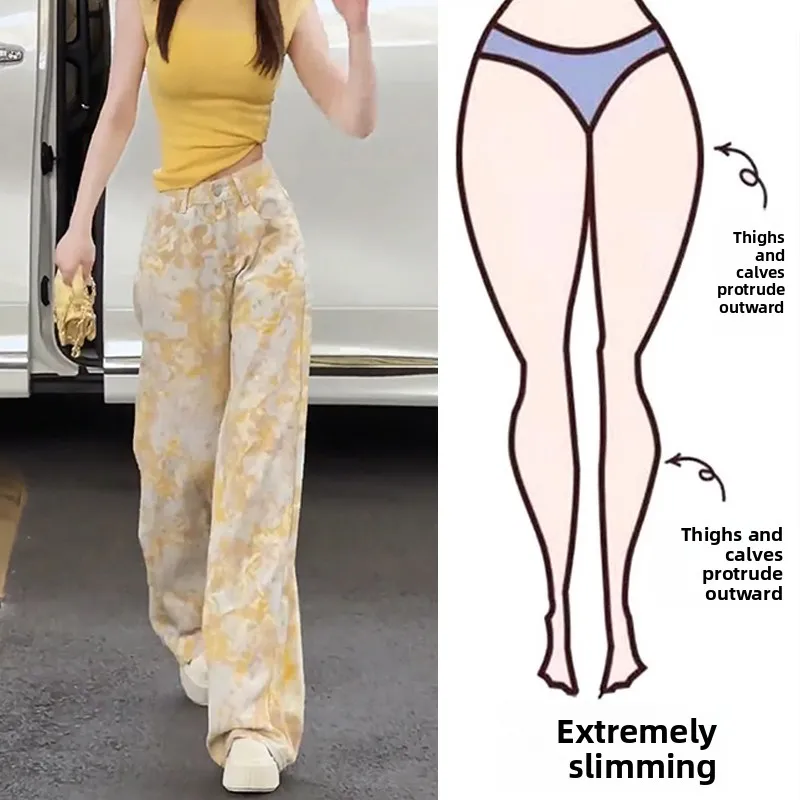 

plus Size Women's High Waist Wide Leg Tie Dye Jeans Yellow Slimming Long Pants Commute Style Korean Loose Fit Summer Casual