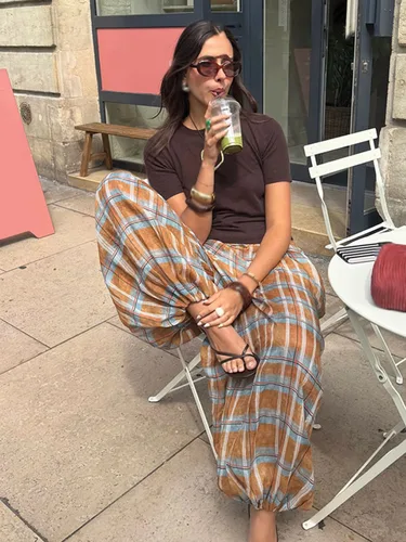 HH mujeres otoño nuevo Ramie Bloomers dibujo de cuadros pantalones sueltos moda femenina versátil cordón ropa de calle pantalones casuales