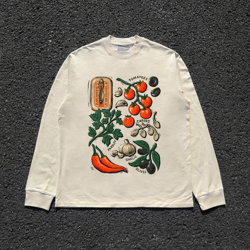 Heavyweight 260G Loose Long Sleeve T-Shirt Youthful Popular Men's Women's Base Shirt Chili Persimmon Pattern by Wang Studio