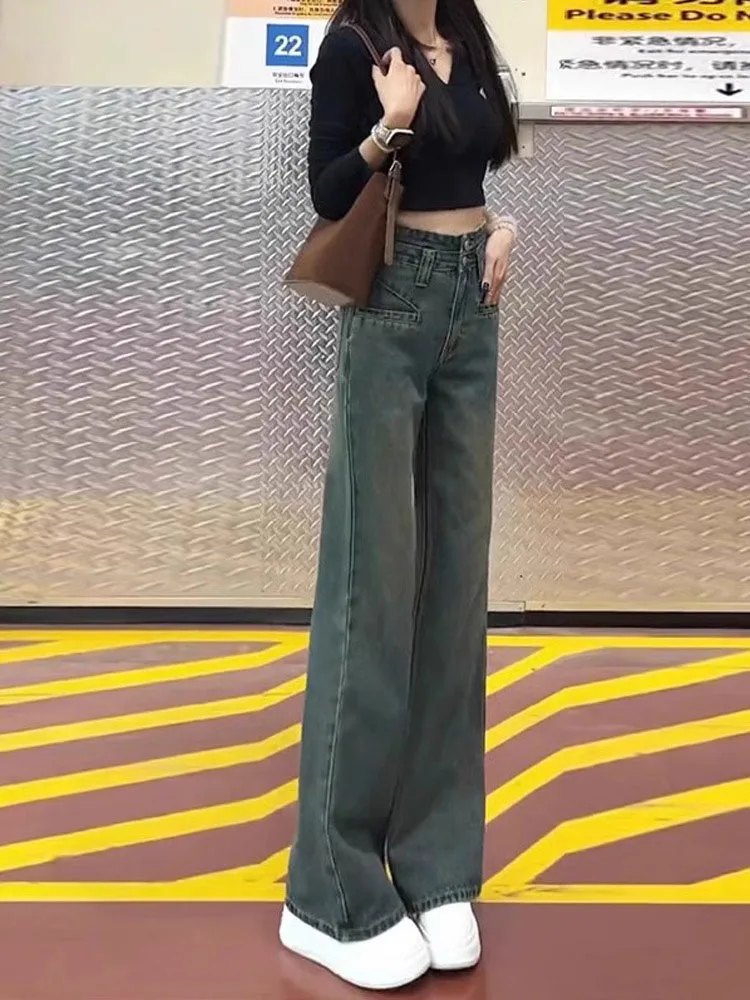 

Широкие джинсы с высокой талией, женские осенние новые джинсовые брюки больших размеров с небольшой фигурой, драпированные прямые джинсовые брюки