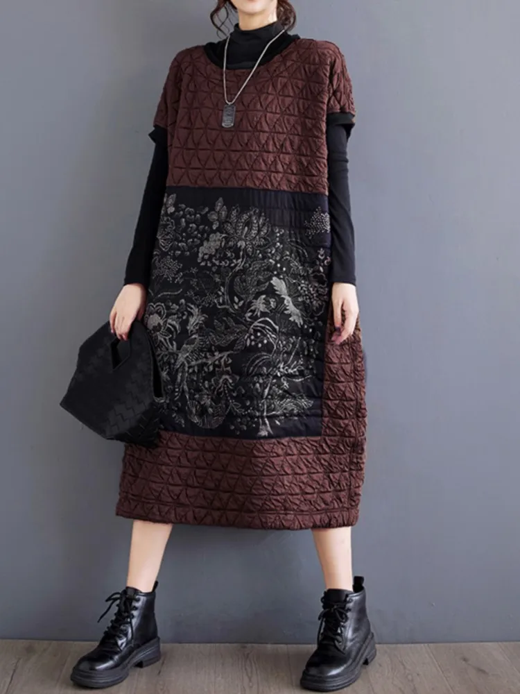 Sleeveless Padded Cotton Autumn Winter Dress Women Print Patchwork Modis Ladies Dresses Casual Loose Woman Oversized Long Dress