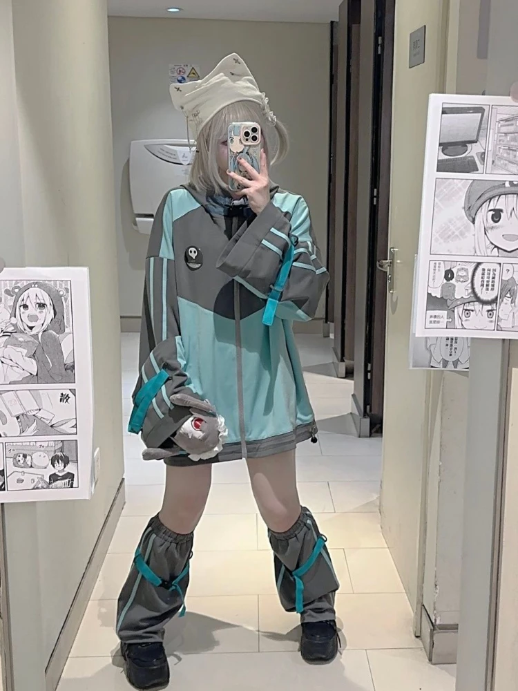 Japanese Sweet Y2k Women Kawaii Coat Hooded Sweatshirt Lolita Autumn Aesthetics Patchwork Zip Harajuku Gothic Streetwear Jacket