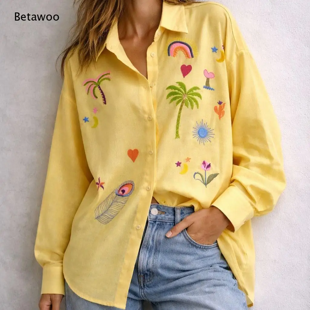 Women Boho Embroidered Button Shirt Long Sleeve Rainbow Palm Tree Peacock Feather Embroidery Loose Oversized Blouse
