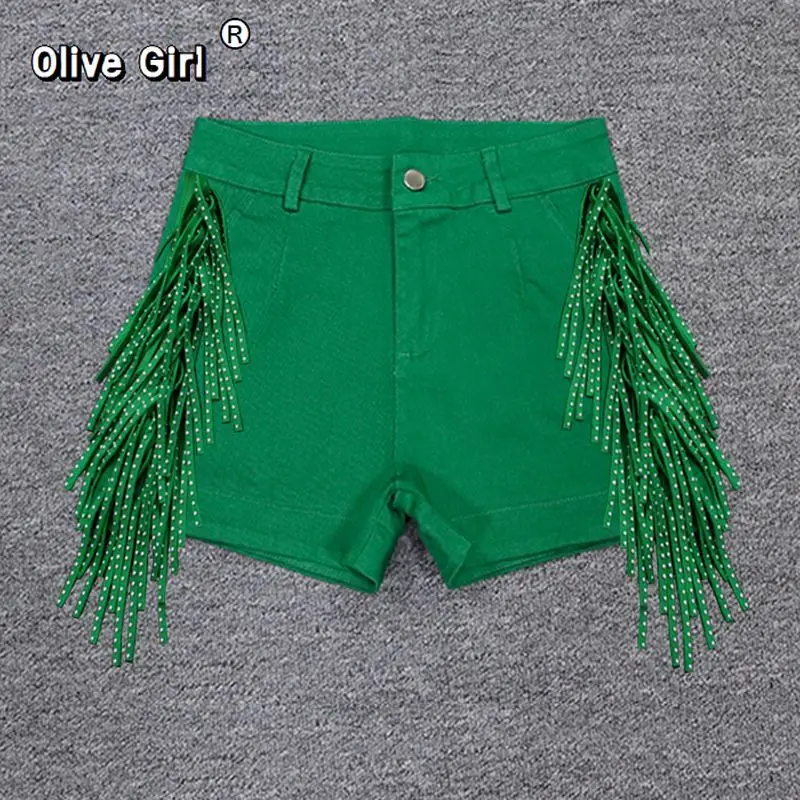 Olivegirl, pantalones cortos informales de cintura alta, multicolor, de verano para mujer, de gama alta, con borlas y lentejuelas, pantalones elásticos calientes, pantalones de abrigo