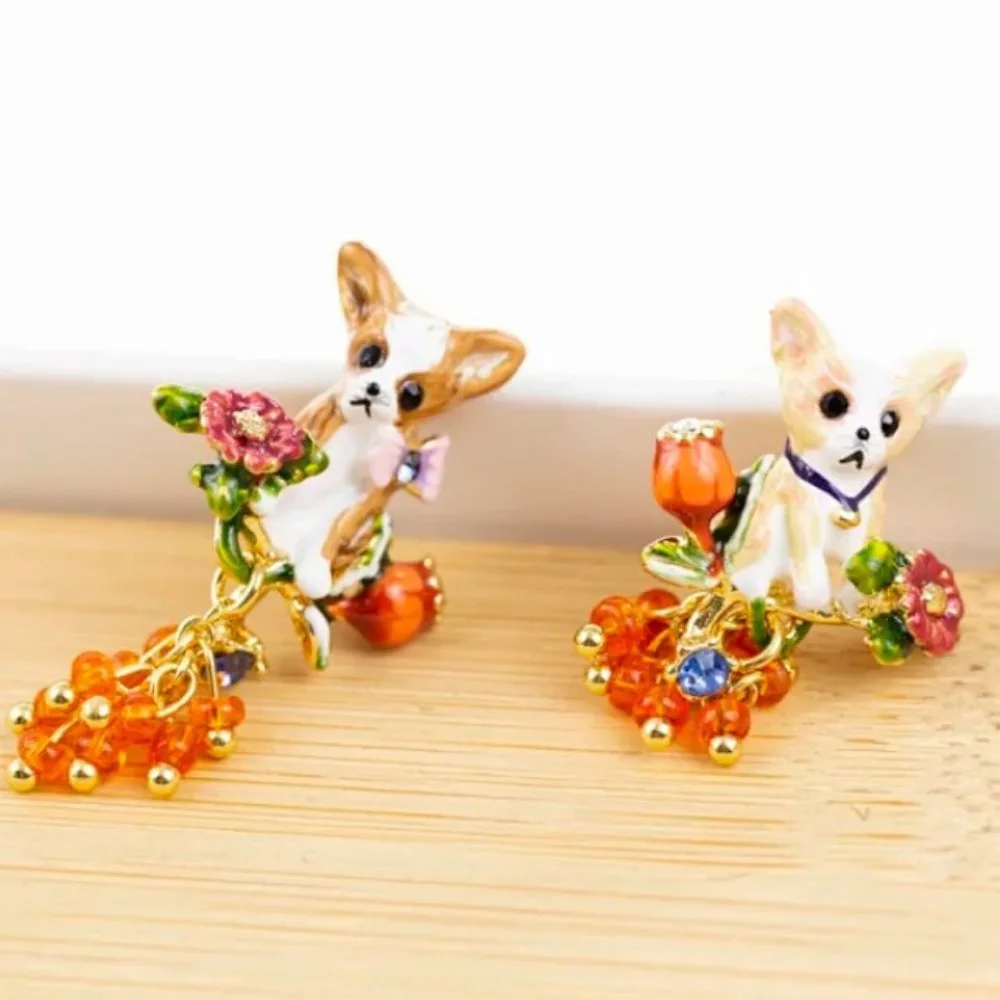 Three dimensional exquisite enamel glazed flower gemstone Chihuahua dog asymmetrical earrings with multiple tassel decorations