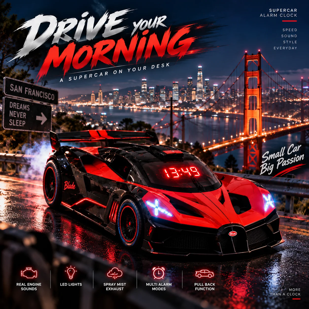 Supercar Alarm Clock with Realistic Engine SoundWater Mist Spray LED Lights Rechargeable Sports Car ModelClock2026NewHot Selling