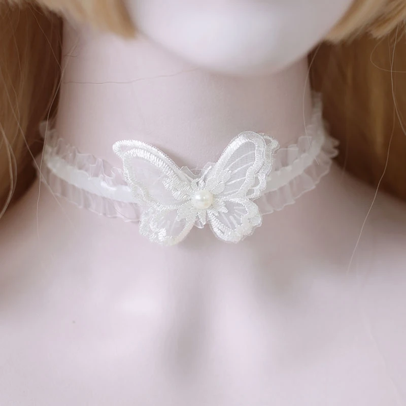 Girls Ruffles Lace Necklace with Pearl Chain Pendant Ribbon Bows Earrings Hair Clips Handmade Lolita Hair Ornaments