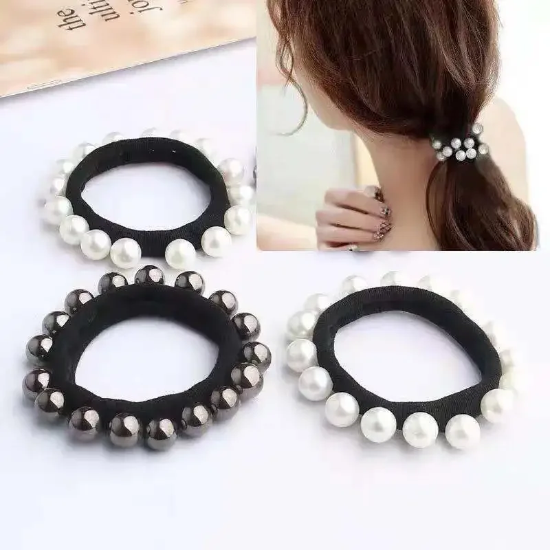 5pcs/10pcs Fashion Pearl Seamless Black Bow Lace Elastic Hair Bands Rope Ties Simple Adult Hair Accessories for Girls