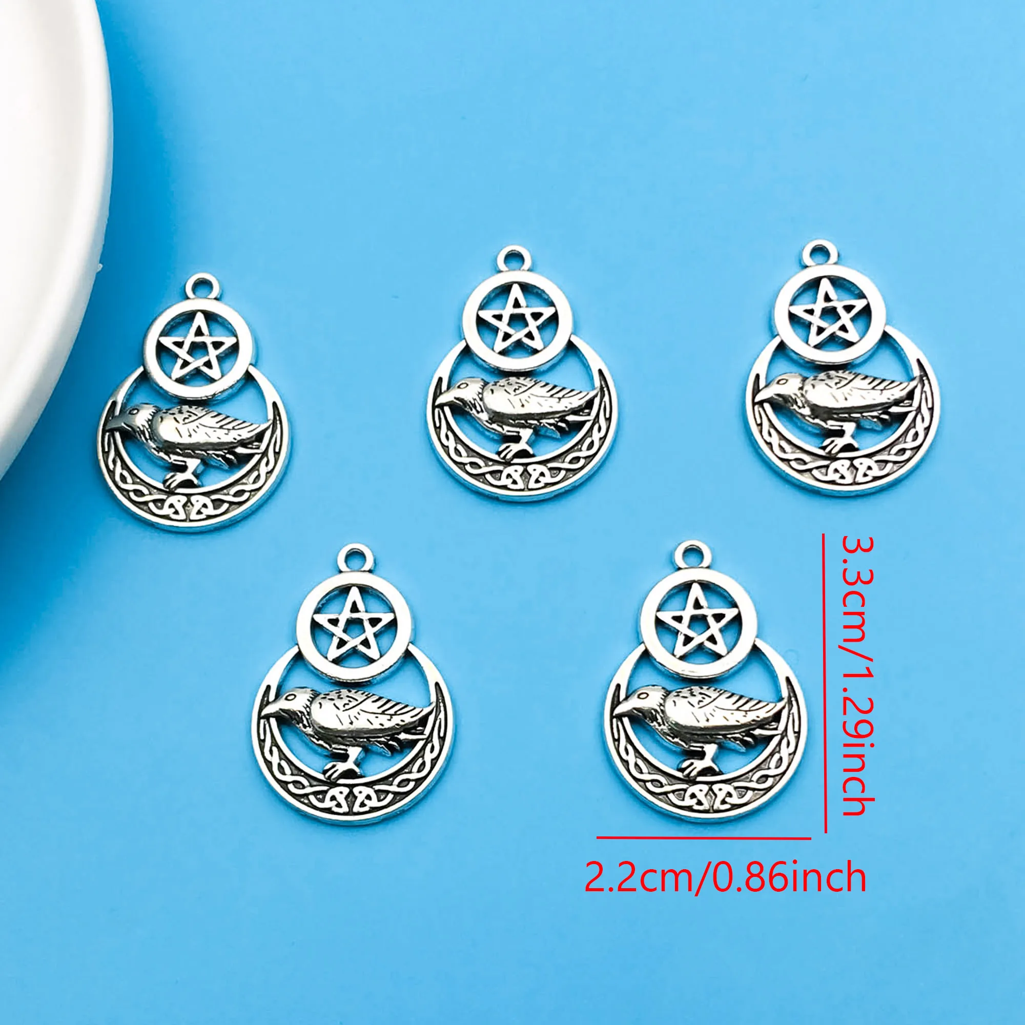 10/20pcs 33x22mm Antique Silvery Pentagram Crow Charm Pendants For Jewelry Making Findings Crafting Accessory