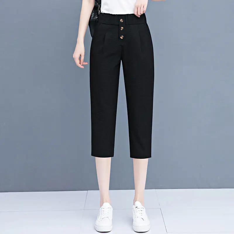 

Women Capris Fashion Button High Waist Straight Pants Casual Loose Solid Color Calf Length Pants Women's Summer Breeches