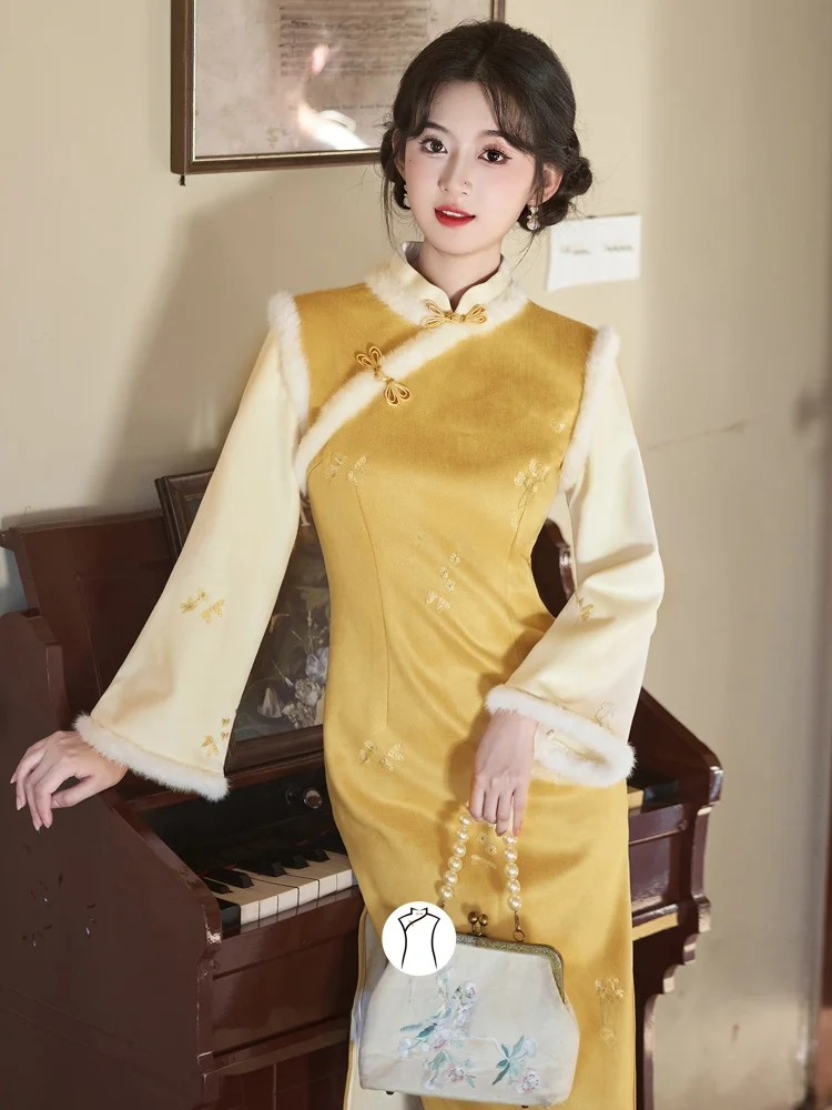 

Желтое платье с флисовой подкладкой в стиле ретро, с низким разрезом, для повседневной носки, гарантия тепла, новое, в китайском стиле, осень 2025