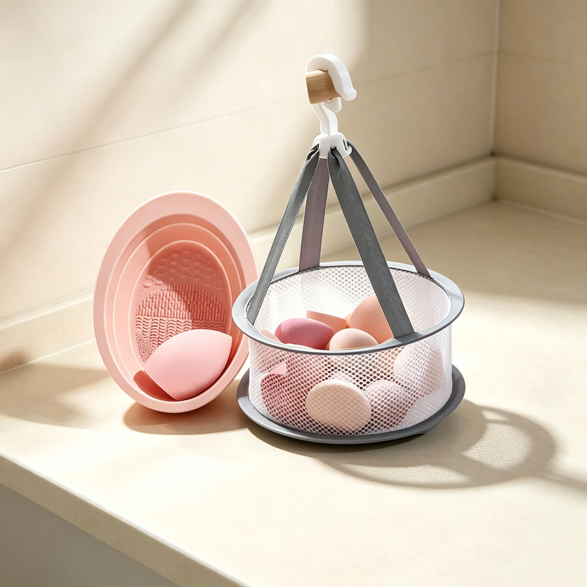 2-piece Brush Cleaning Set Including A Foldable Makeup Brush Cleaning Mat and A Drying Net Bag, Quick-dry Feature