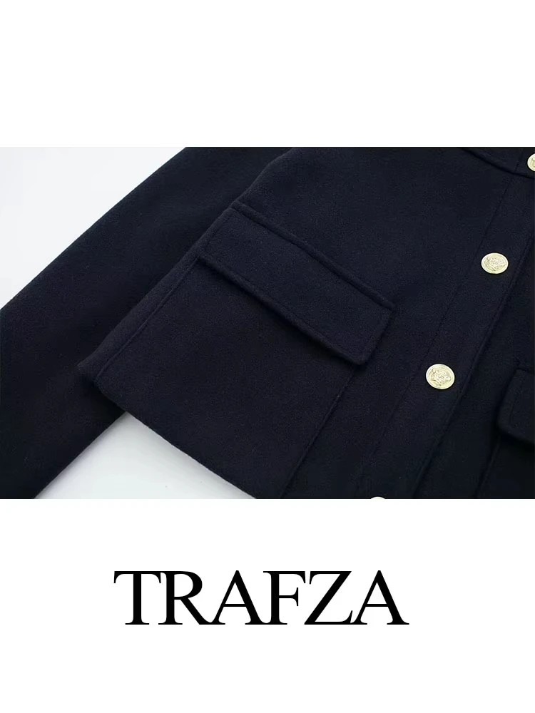 TRAFZA Female Autumn Fashion Casual Jacket Long Sleeves Lapel Coat Women\'s Chic Loose Single-breasted Solid Navy Retro Jacket