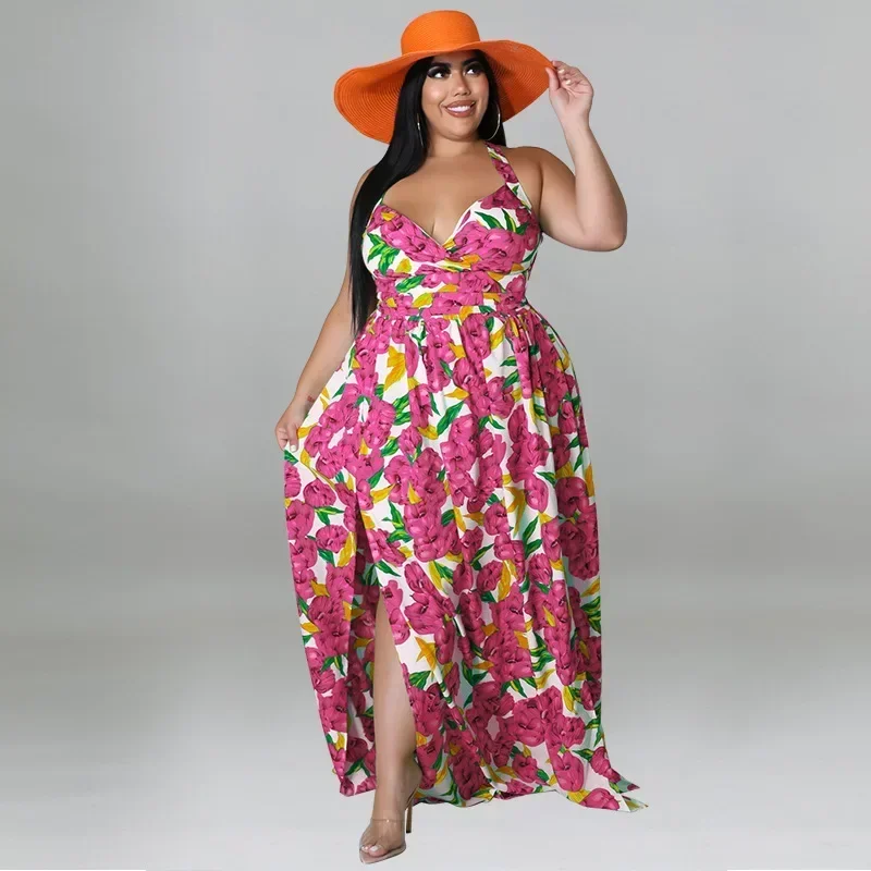 European and American plus size women's clothing summer new sexy strap backless printed dress, fat MM dress, women's jumpsuit