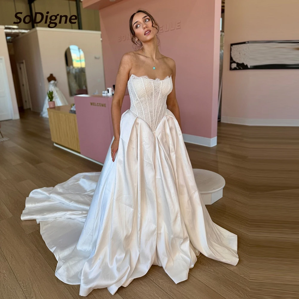 

SoDigne A-line Wedding Dresses Satin/Lace Sleeveless Strapless Bridal Dress 2026 Long Bride Gown vestidos de novia Customized