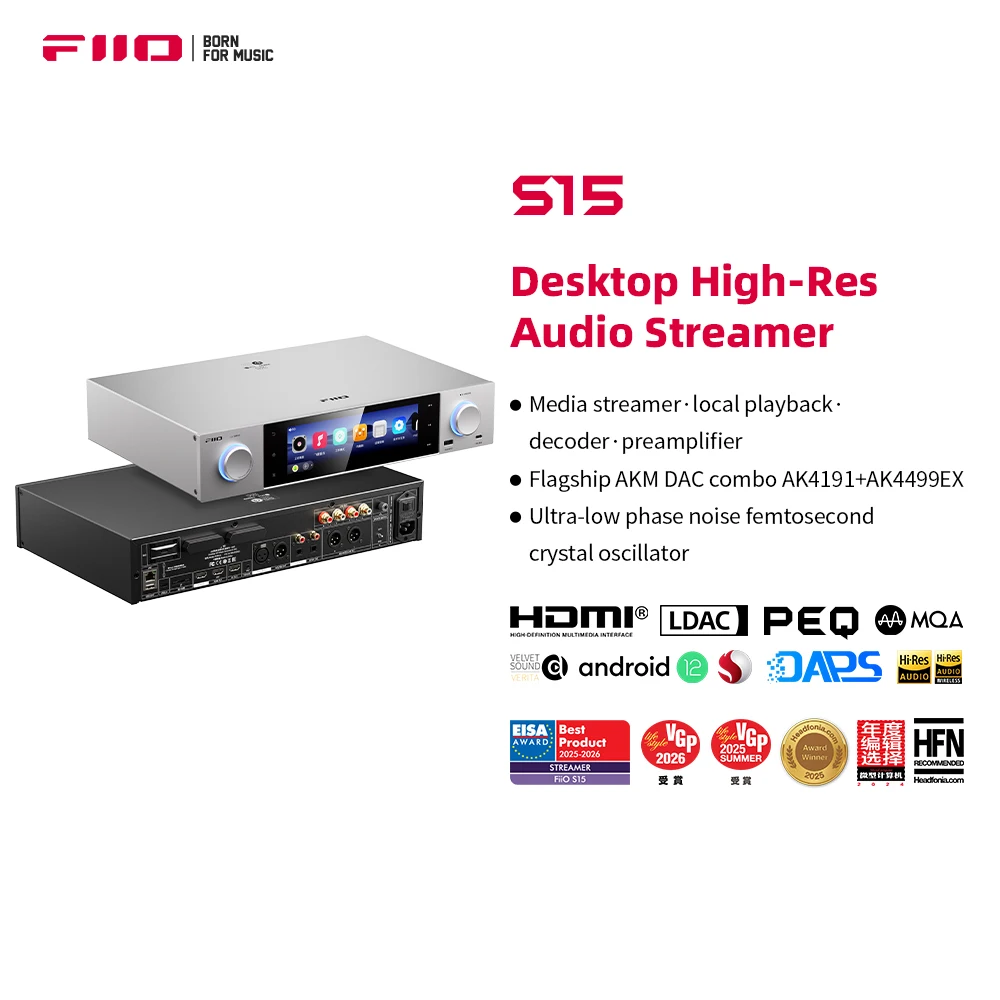 

FiiO S15 Настольный Hi-Res аудио Music Streamer, Android 12 Snapdragon 660, AKM DAC AK4191+AK4499EX, экран 7,84 дюйма, ЦАП HDMI/ARC