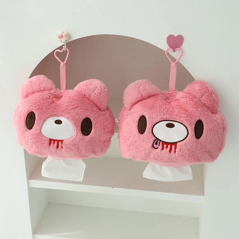 Cute Bear Pink Plush Tissue Box Cover, Hanging Cartoon Tissue Holder, Soft Napkin Dispenser for Home, Car, Sofa Decor