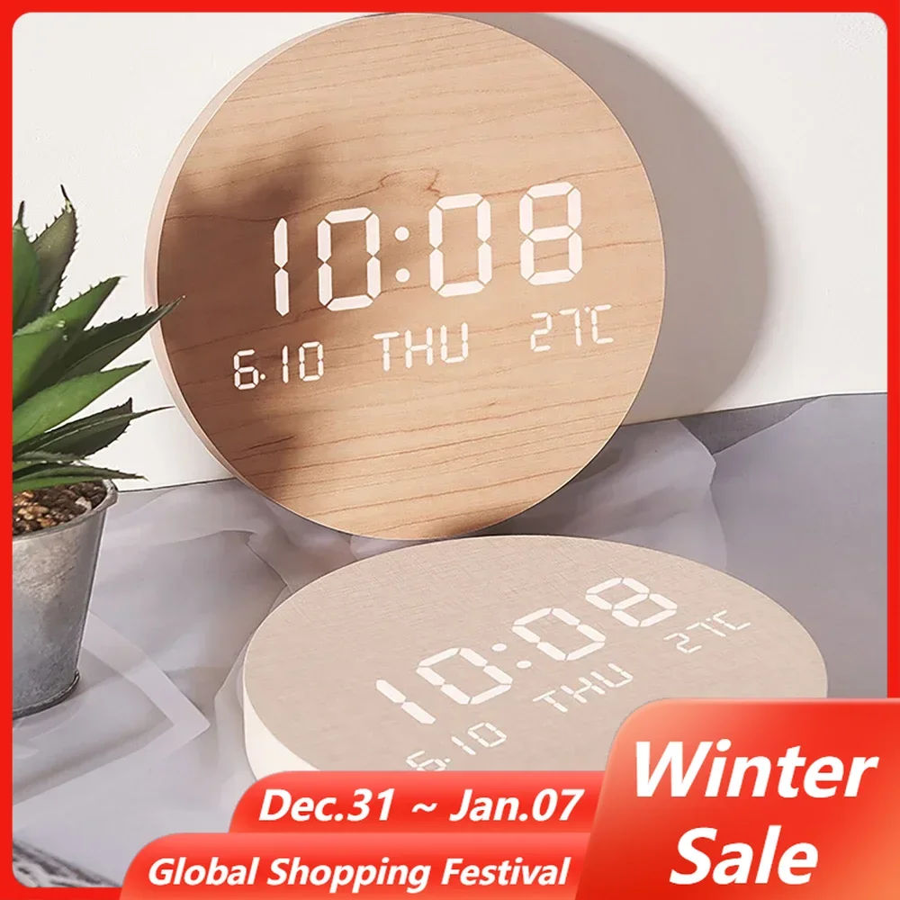 LED Digital Wall Clock Temperature Date Time Multi-function Display Silent Alarm Clock for Bedroom Living Room Hanging Clock