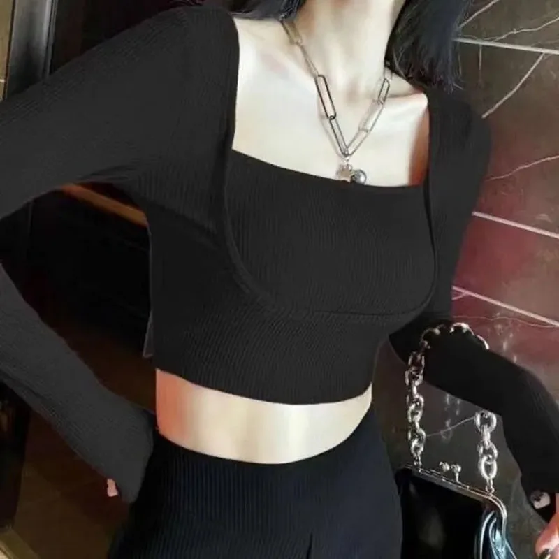 Lucyever Square Collar Crop top donna estate sottile Sexy Slim Fit maglione lavorato a maglia femminile coreano nero bianco Bottoming maglieria
