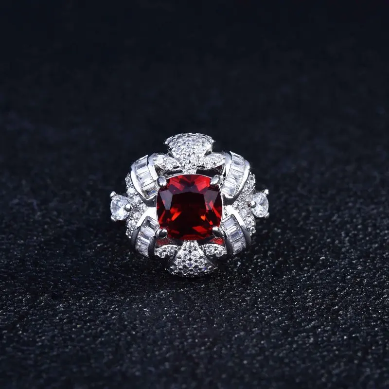 Crystal Ruby 925 Sterling Silver Ring, plated with 18K White Gold, resistant to fading. Women's engagement jewelry.