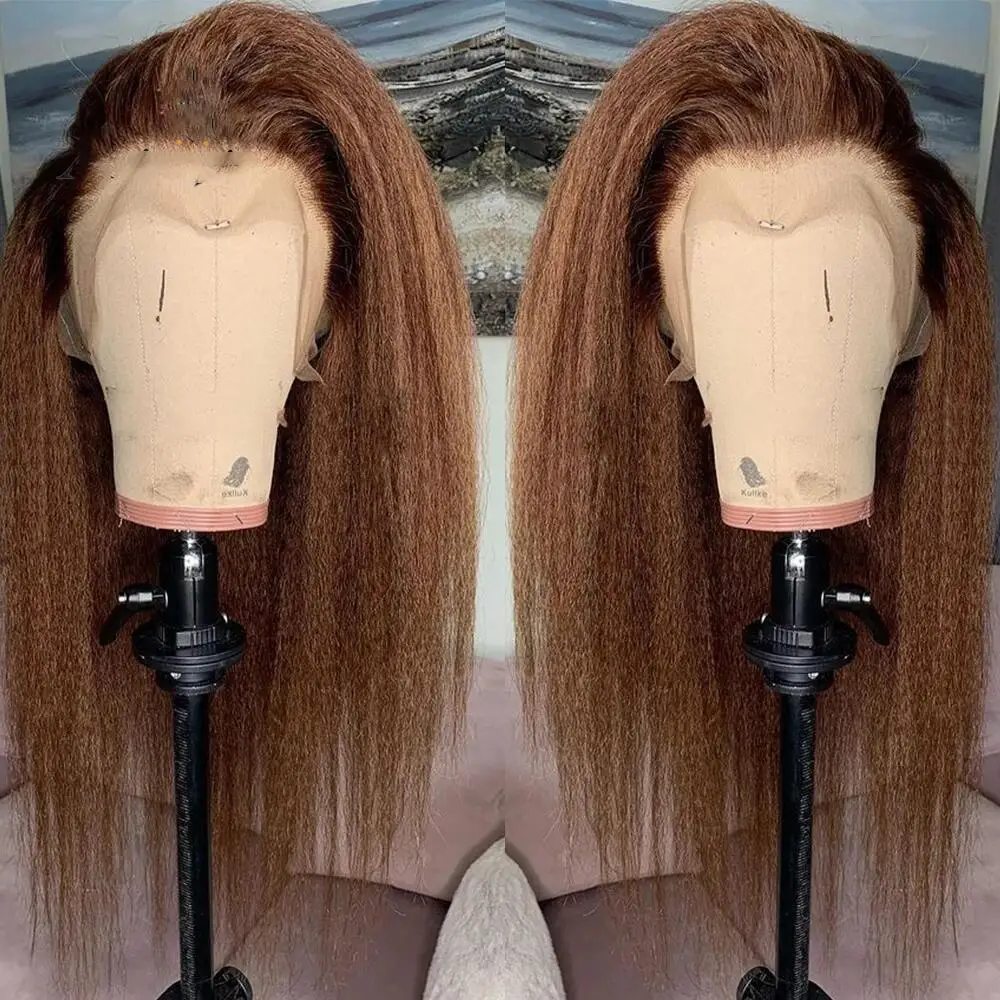 

Мягкие бесклеевые предварительно сорванные парики 180Density Brown Yaki Kinky Straight 28 дюймов, кружевные передние парики для женщин, детские волосы, повседневные модные синтетические